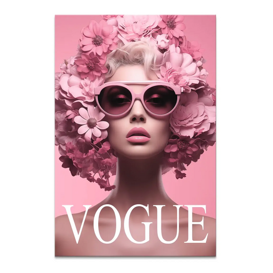 Glamorous woman with oversized pink sunglasses and a floral pink headpiece on a soft pink background