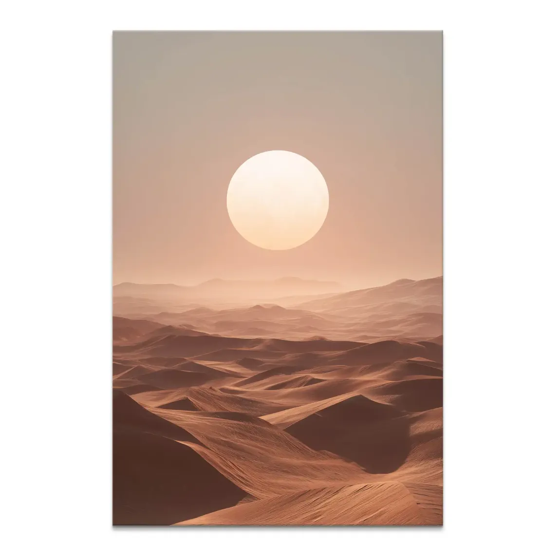 Golden Desert Canvas Print: luminous golden orb in a peach and muted gray sky over rolling dunes.