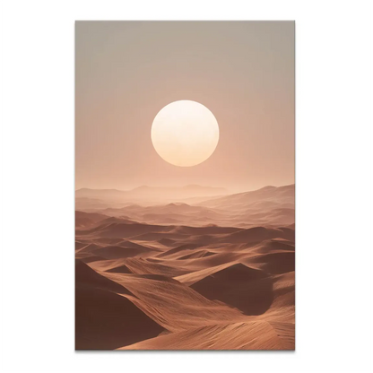 Golden Desert Canvas Print: luminous golden orb in a peach and muted gray sky over rolling dunes.