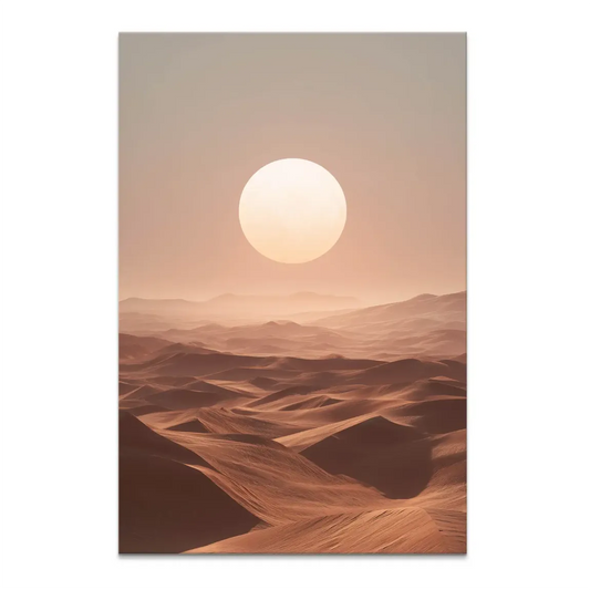 Golden Desert Canvas Print: luminous golden orb in a peach and muted gray sky over rolling dunes.