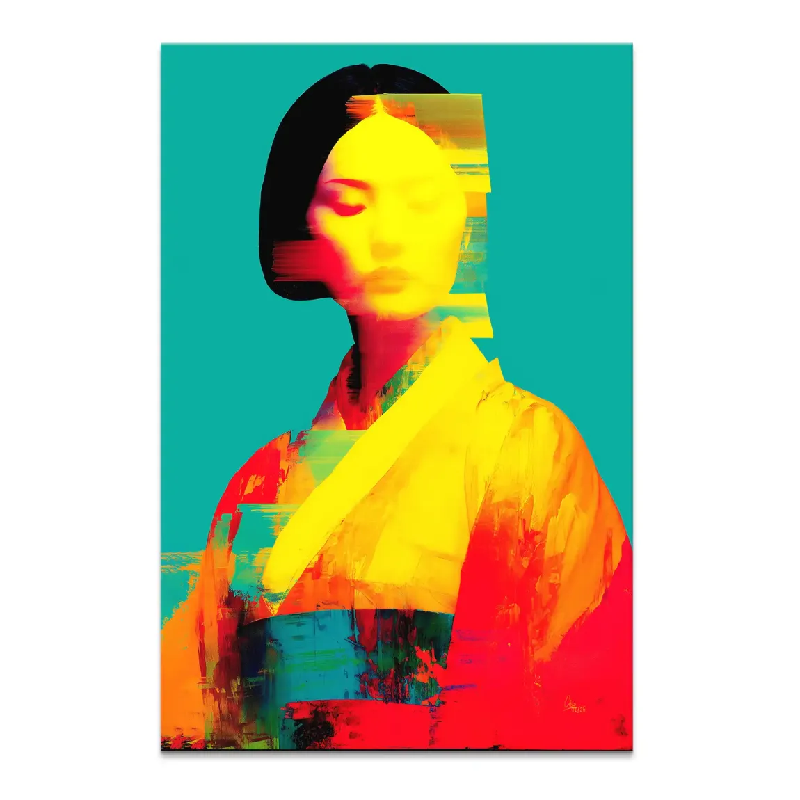 Geisha color art canvas painting with luminous yellow face and teal background