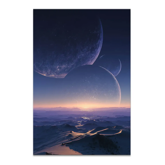 Beyond the World canvas print with colossal planets dominating a deep blue and purple sky.