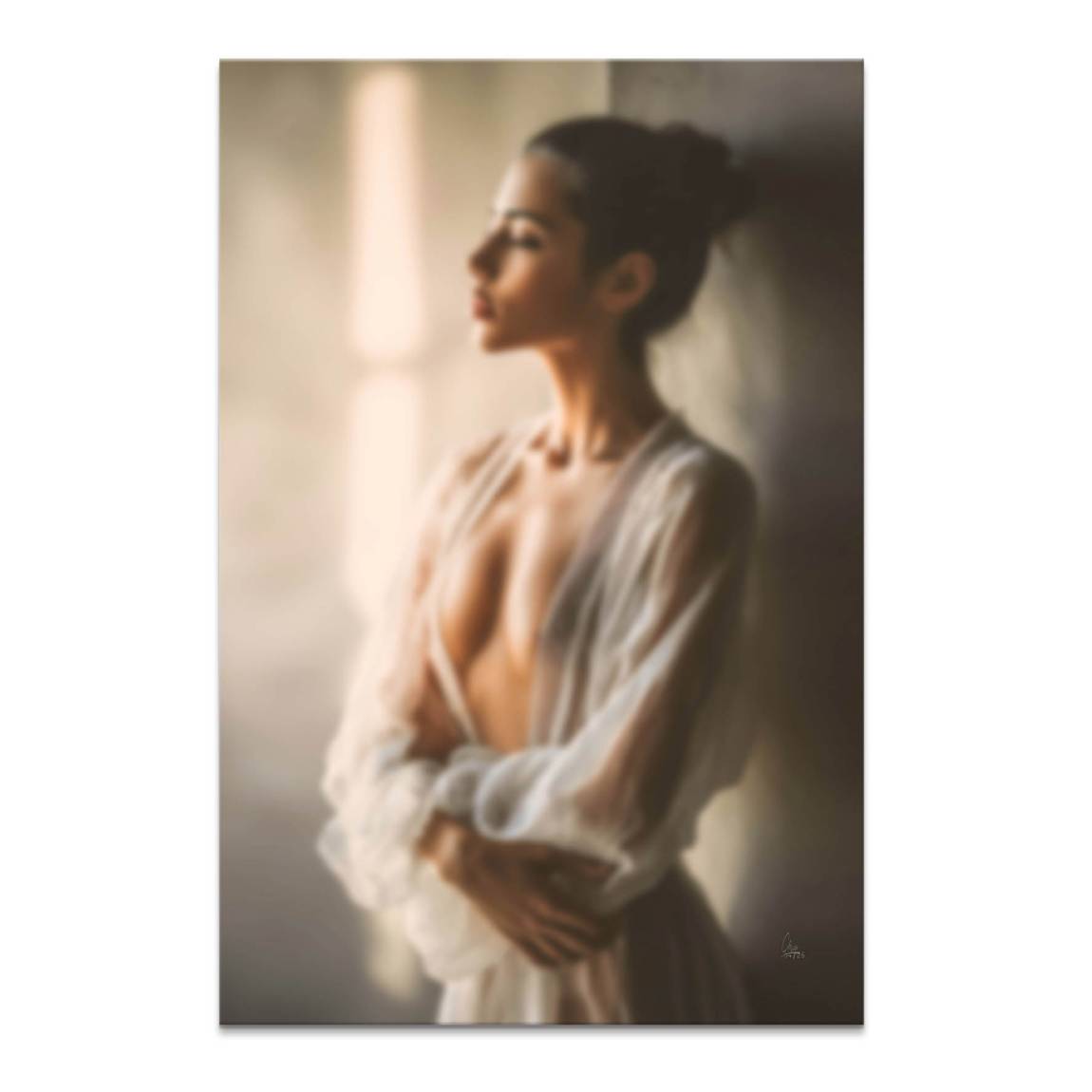 Sensual Woman Canvas Painting: elegant figure in a sheer white robe lit by warm left-side light.