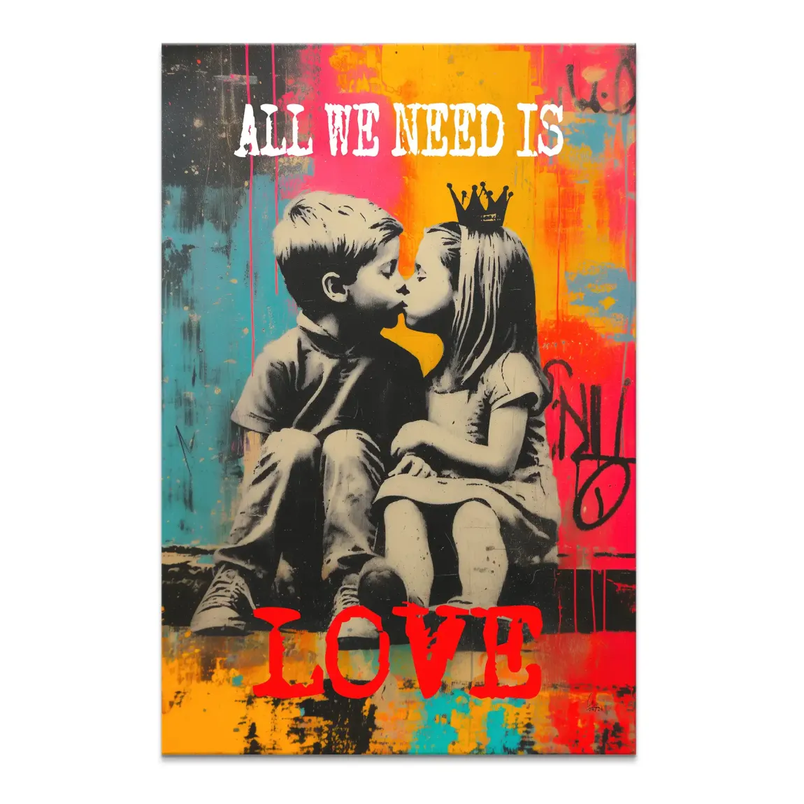 Banksy inspired stencil canvas with grayscale children kissing on a vibrant yellow pink orange teal backdrop and ALL WE NEED IS above with LOVE below