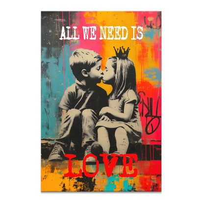 Banksy inspired stencil canvas with grayscale children kissing on a vibrant yellow pink orange teal backdrop and ALL WE NEED IS above with LOVE below