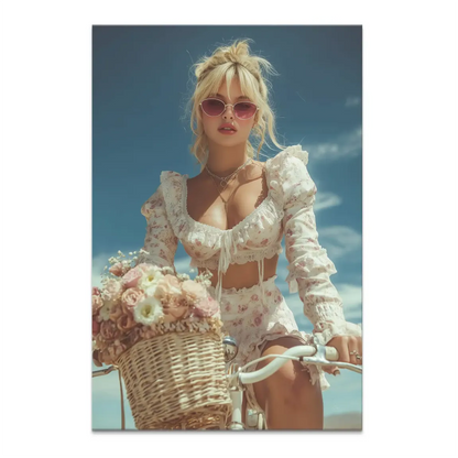 Stylish blonde woman on a bicycle with a basket of pink and white flowers against a bright blue sky.