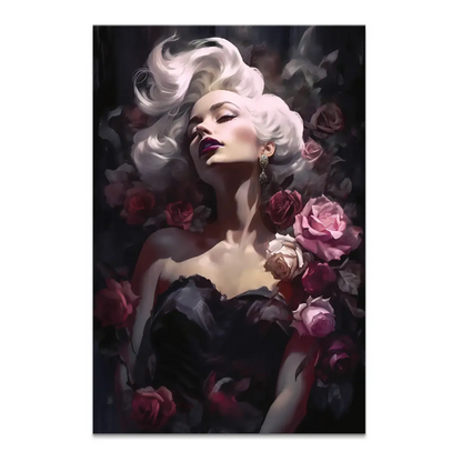 Glamorous Marilyn Monroe-inspired woman with platinum blonde hair among velvet roses on a deep black and gray backdrop.