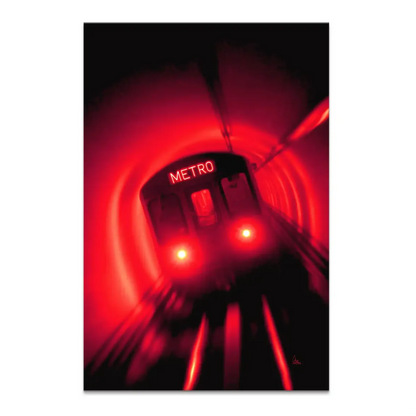 Metro Art canvas wall art featuring a fast-moving metro train approaching through a dark tunnel with a glowing red light