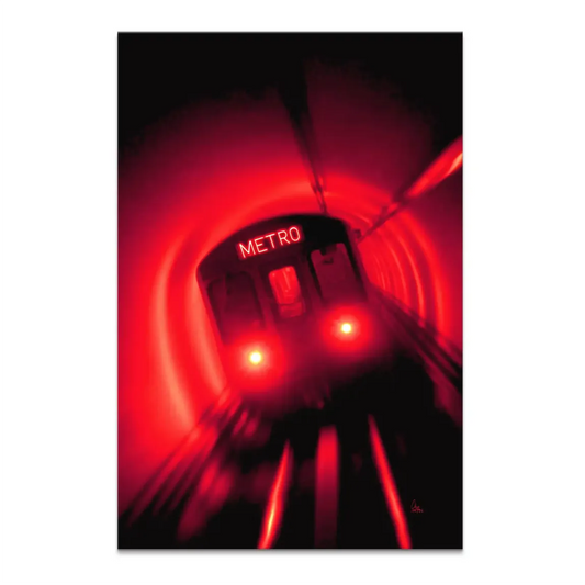 Metro Art canvas wall art featuring a fast-moving metro train approaching through a dark tunnel with a glowing red light