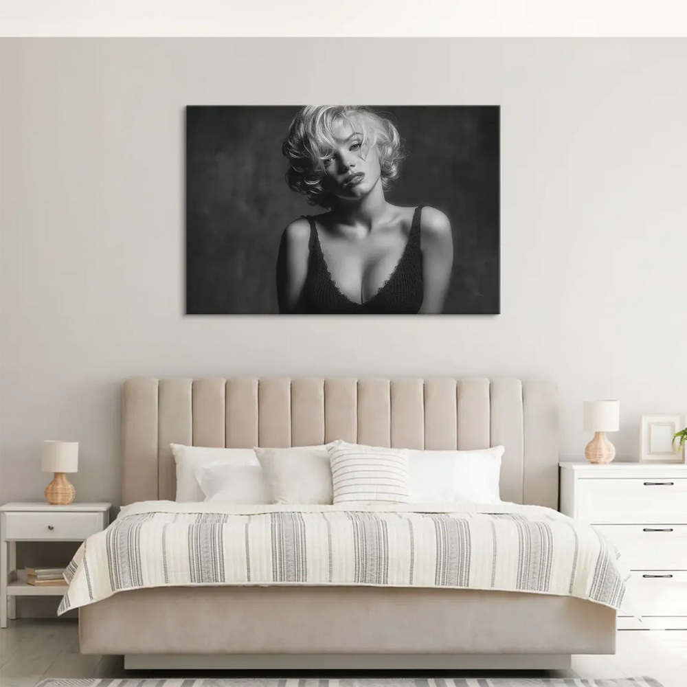 Iconic Hollywood glamour portrait on canvas in monochrome