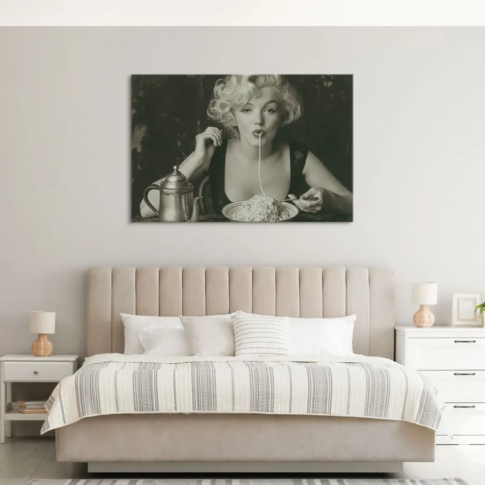 Black-and-white Marilyn pasta canvas artwork with a retro Hollywood vibe for dining rooms