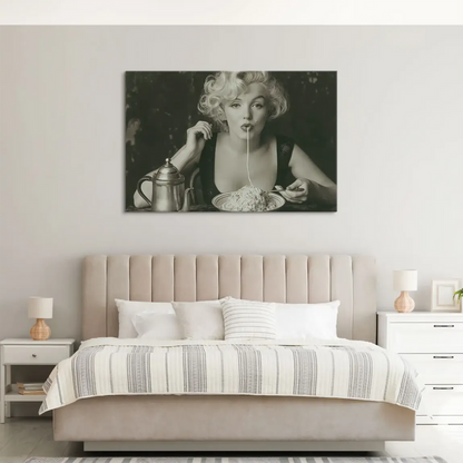 Black-and-white Marilyn pasta canvas artwork with a retro Hollywood vibe for dining rooms