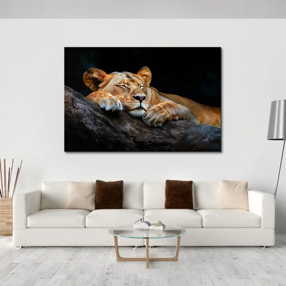 Lion portrait on a rugged branch in earthy tones.