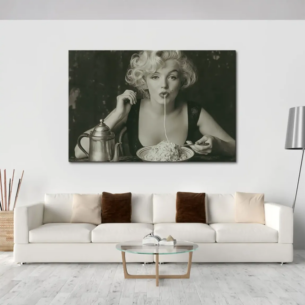 Iconic Marilyn Monroe image on canvas with spaghetti, capturing mid-century modern elegance