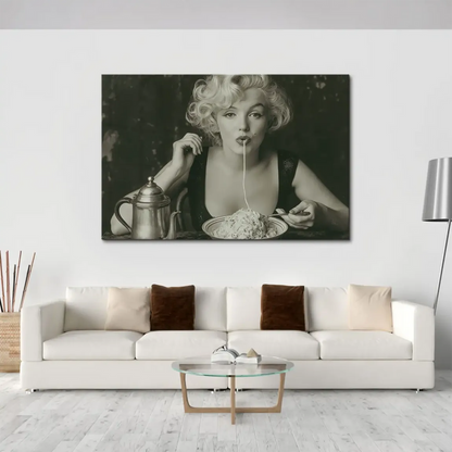 Iconic Marilyn Monroe image on canvas with spaghetti, capturing mid-century modern elegance