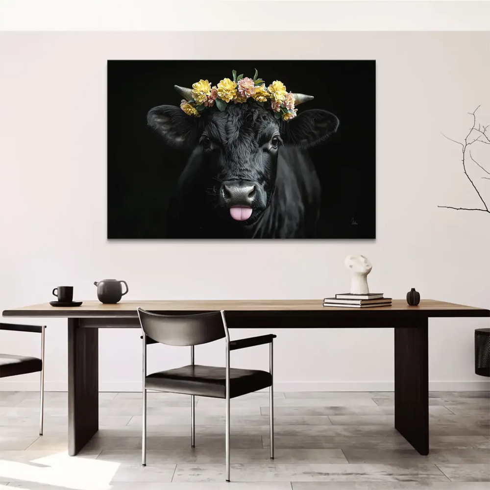 Cheerful cow canvas art with yellow and pink flowers