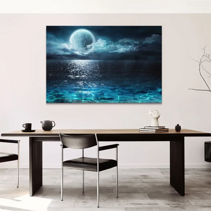 Dramatic clouds around a luminous moon above dark waves