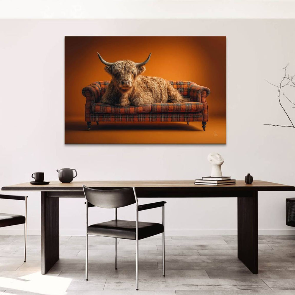 Close-up of shaggy Highland cow against orange plaid upholstery.