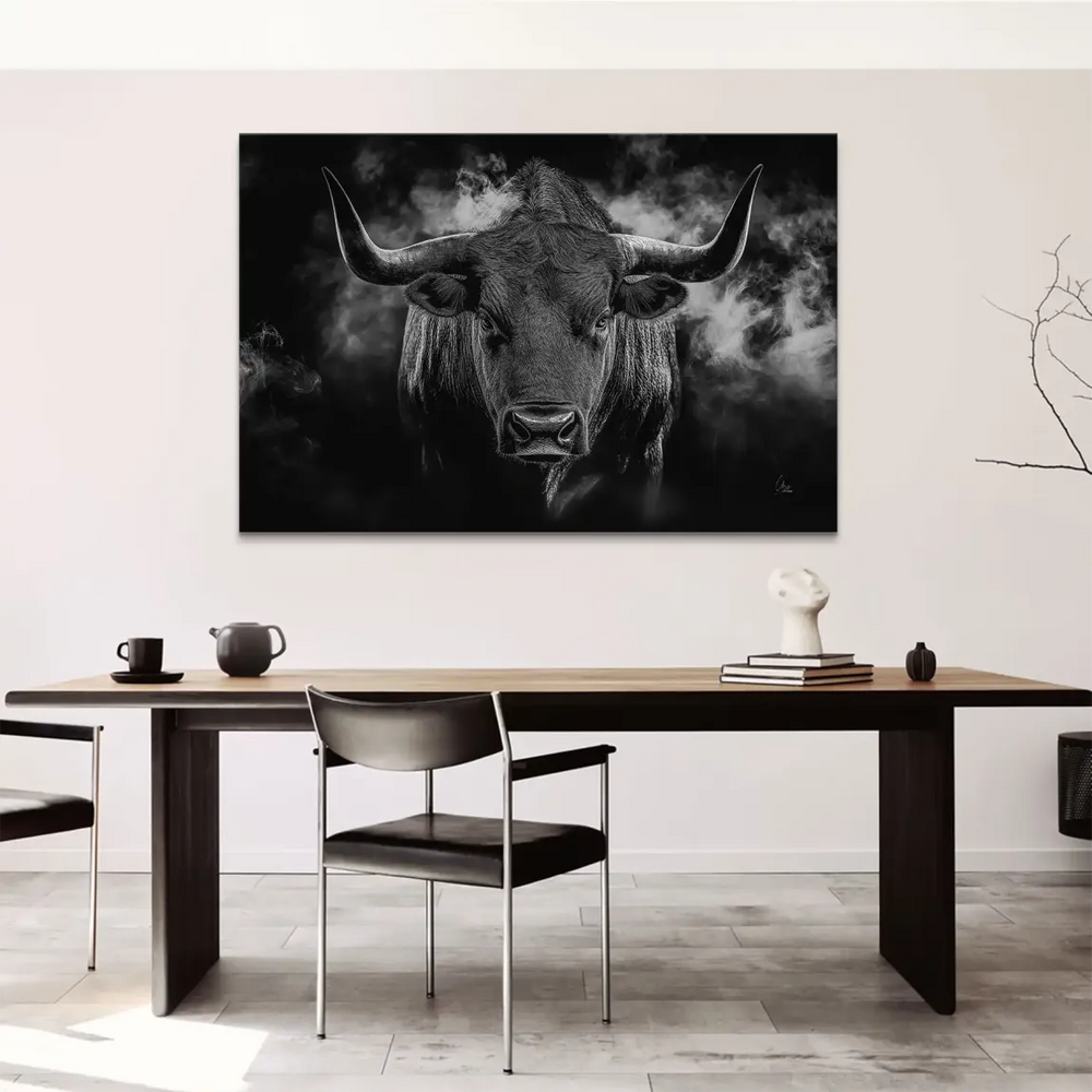 Monochrome bull portrait canvas art for modern interiors