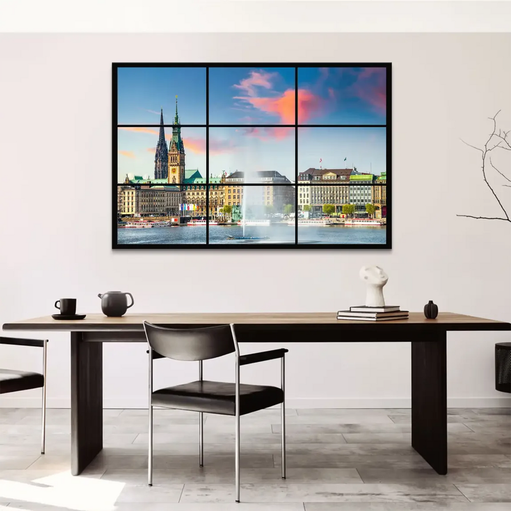 Rathaus and church spires rise above the Inner Alster lake in a contemporary travel photography cityscape.
