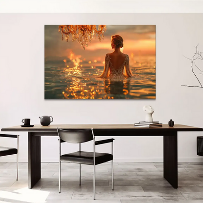 Warm golden and orange sky reflecting on the water with a soft bokeh effect.