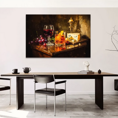 Red wine glass, amber cocktail, grapes, and blue cheese in a moody setting