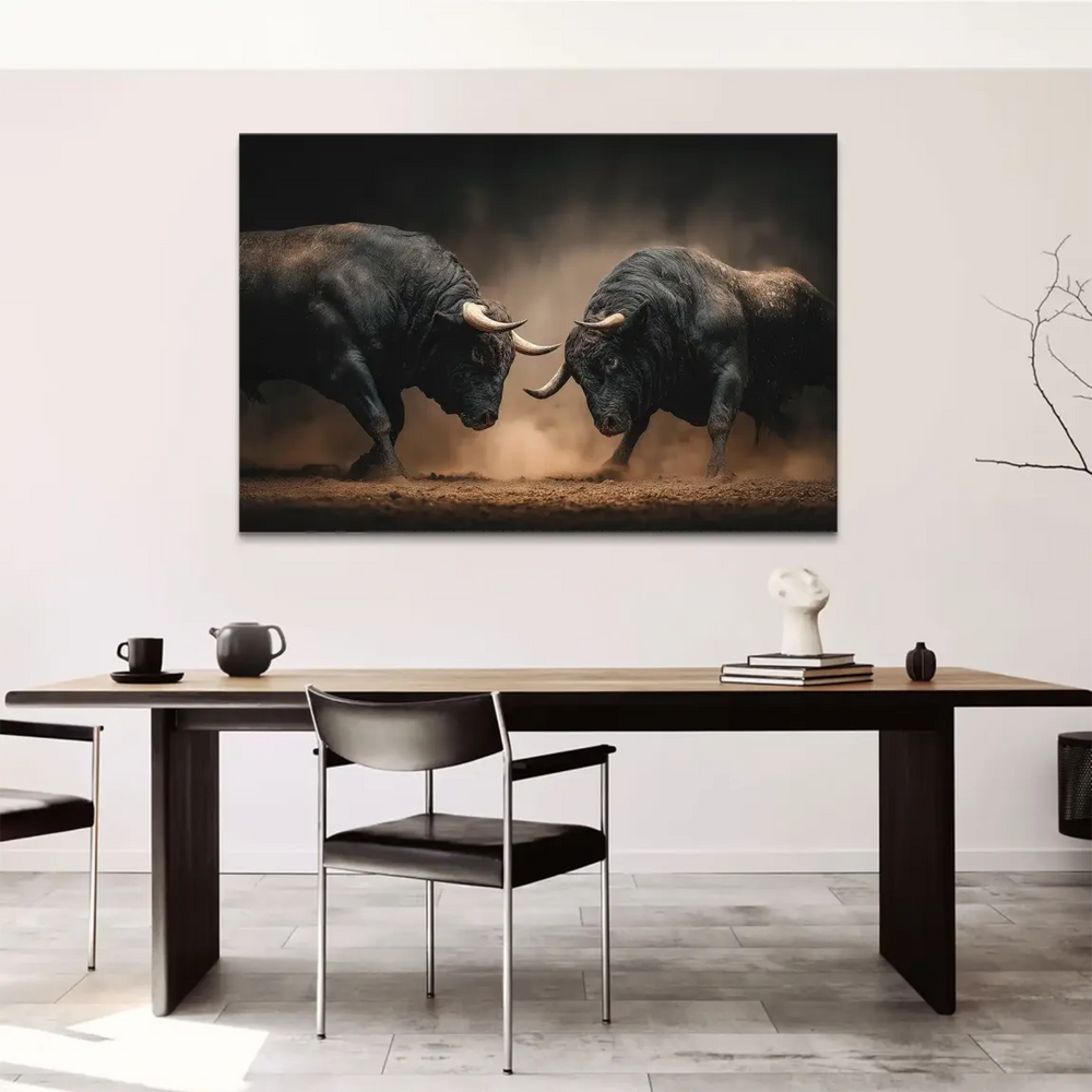 Muscular bulls shown in deep blacks and grays