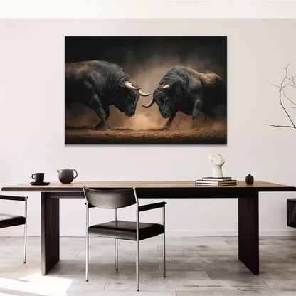 Muscular bulls shown in deep blacks and grays