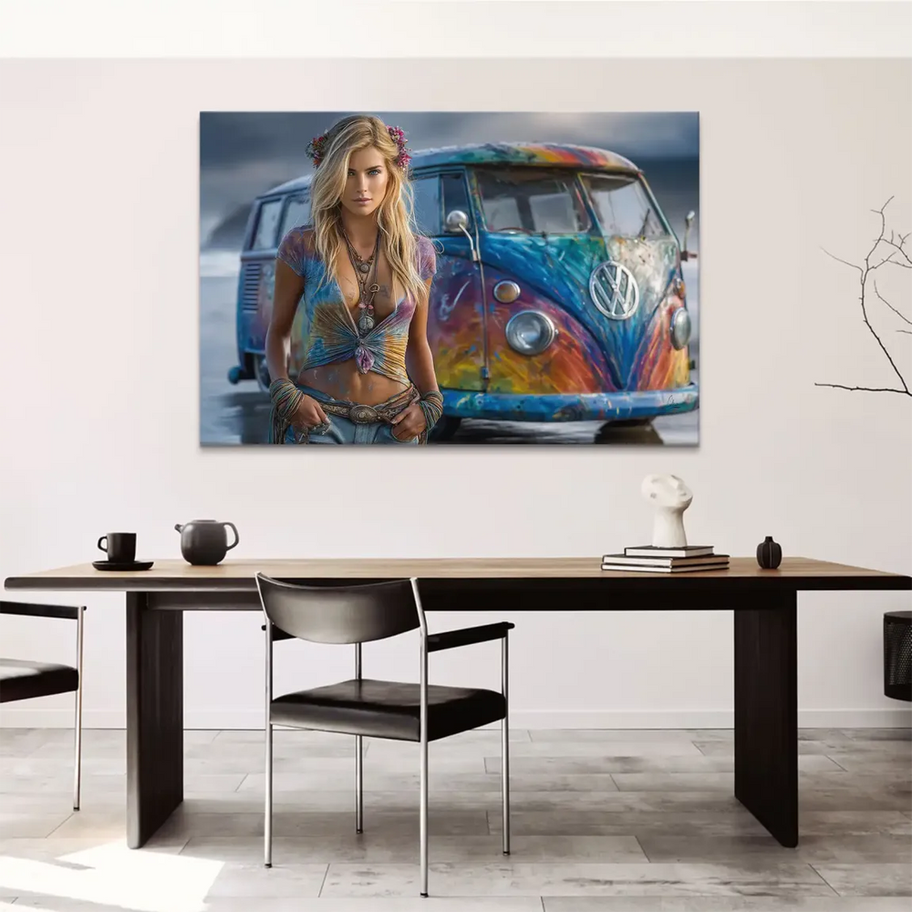 Kaleidoscopic blue, red, yellow, and green VW Camper Van featured in bohemian wall art