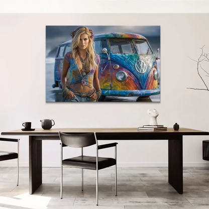 Kaleidoscopic blue, red, yellow, and green VW Camper Van featured in bohemian wall art