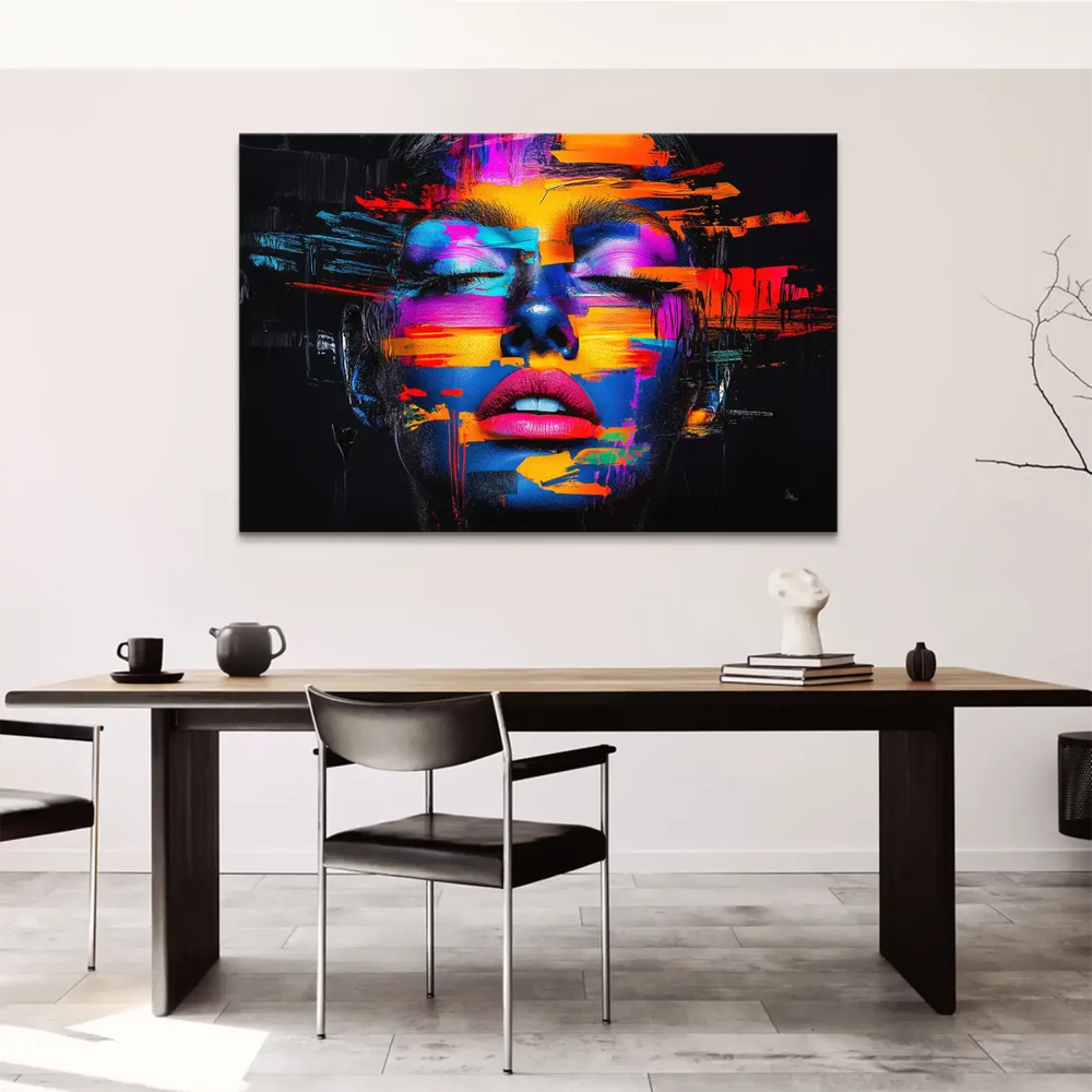 Abstract glitch-art style portrait with vibrant neon colors on dark background
