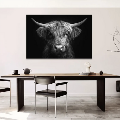 Close-up portrait of a Highland cattle head against a dark background