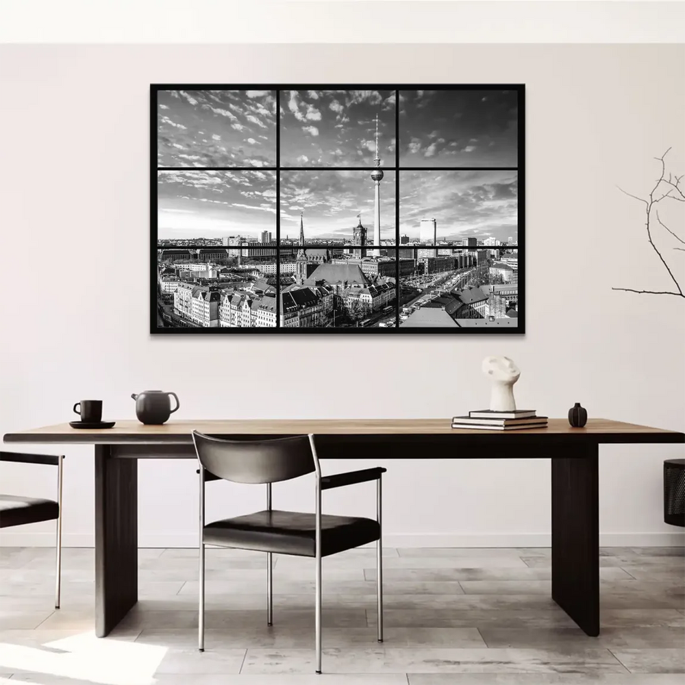 Central panel highlights a modern Berlin skyline with bold architectural lines under dramatic clouds