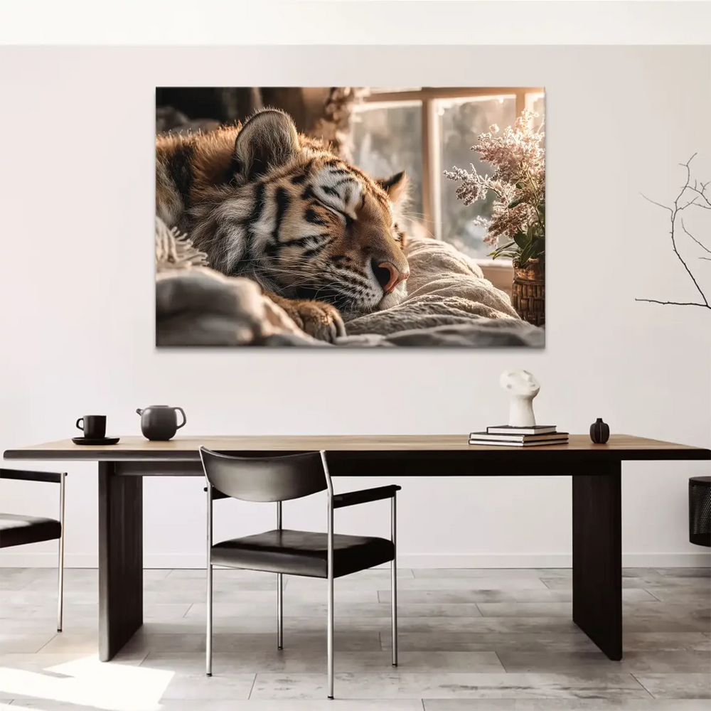 Flowers in a vase beside tranquil tiger artwork