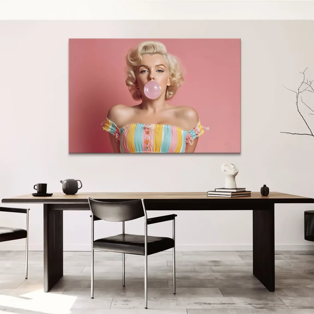 Marilyn Monroe pop art portrait on a pink backdrop highlighting retro glamour.