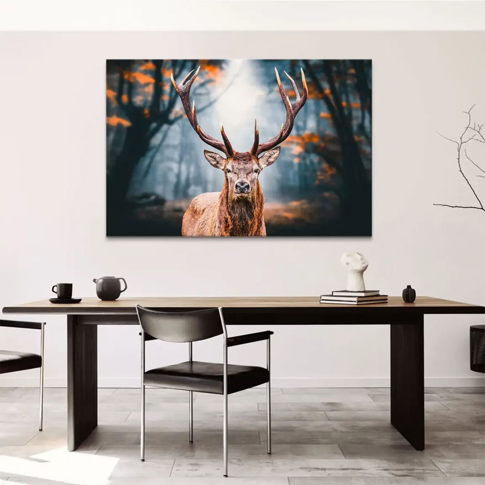 Realistic yet artistically enhanced deer portrait in a tranquil woodland setting.