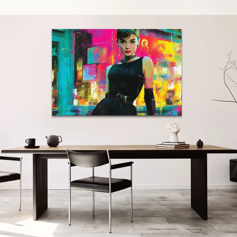 High-contrast vintage glamour meets modern color in a wall art canvas.