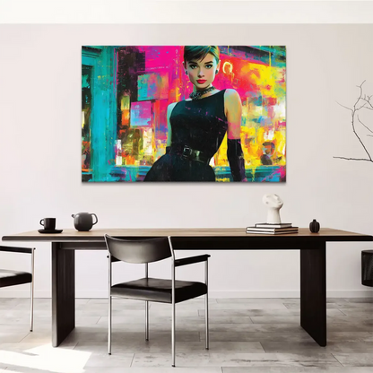 High-contrast vintage glamour meets modern color in a wall art canvas.