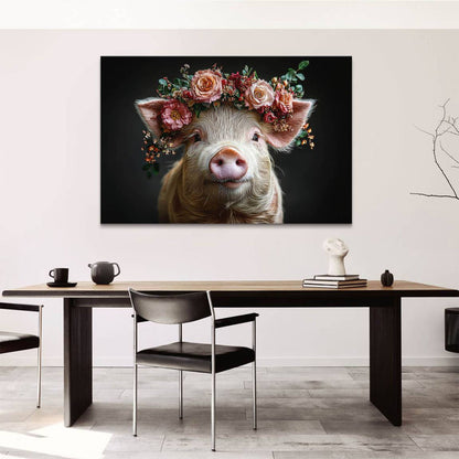 Gentle piglet portrait with pink and cream fur and a flower crown