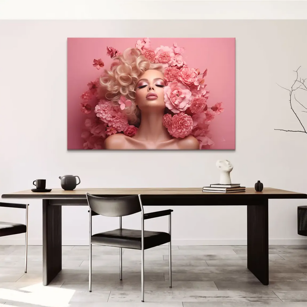 Glamorous pink floral portrait featuring blonde curls in a modern wall art composition.