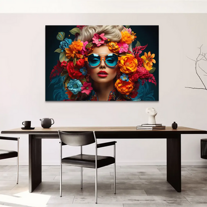 Blonde-haired woman surrounded by a cascade of reds, oranges, pinks, yellows, and blues flowers on canvas