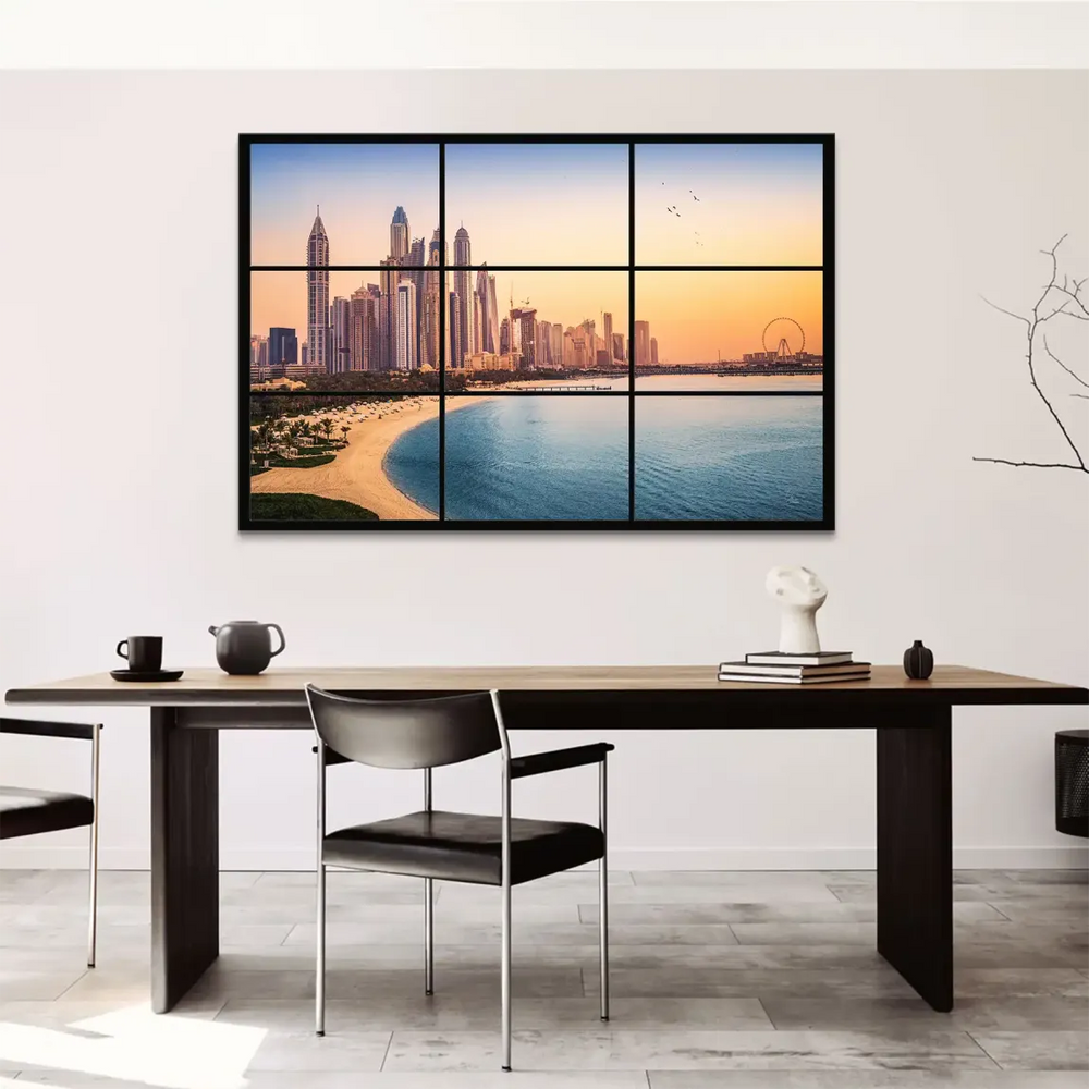 Sun-kissed beach with golden sand and blue ocean facing modern skyscrapers in Dubai