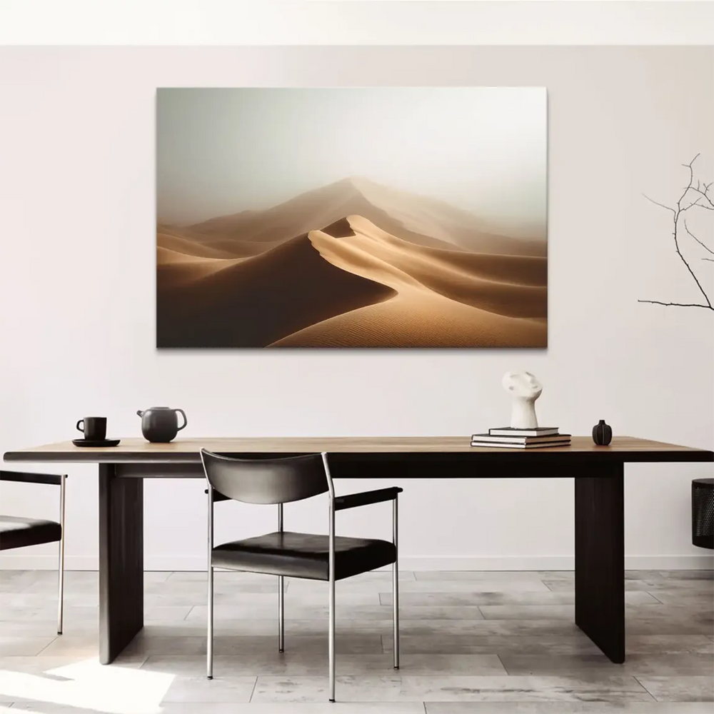 Minimalist desert landscape on canvas showing undulating dunes in earthy browns