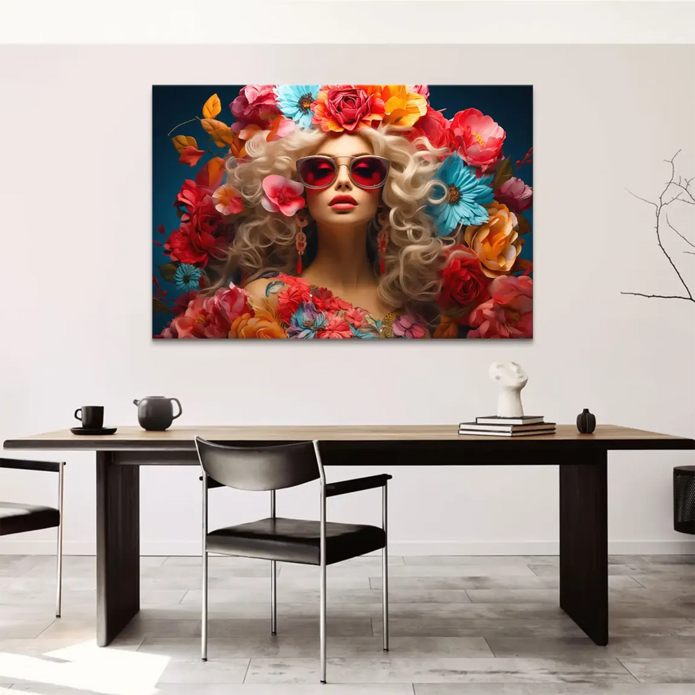 Close-up of bold red lipstick and modern sunglasses amid a colorful floral composition.