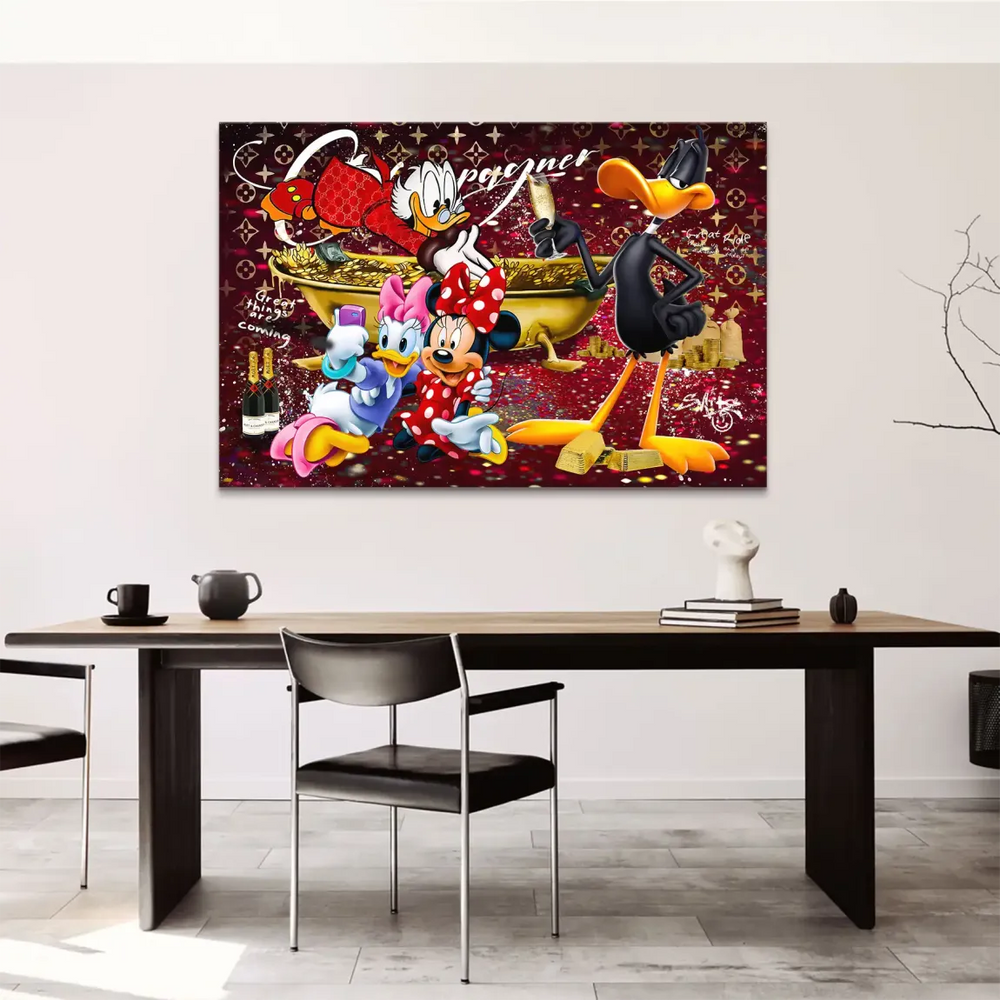 Minnie Mouse and Daisy Duck selfie moment against a red LV-style backdrop on the Luxury Duck Party canvas.