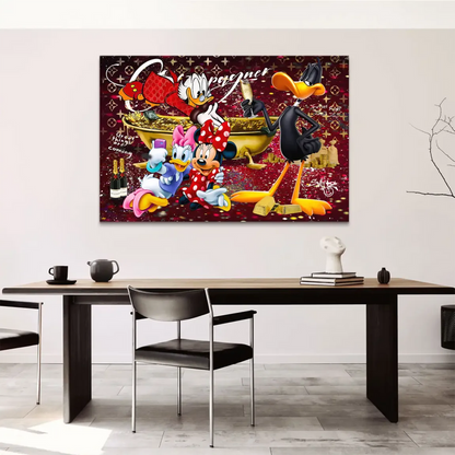 Minnie Mouse and Daisy Duck selfie moment against a red LV-style backdrop on the Luxury Duck Party canvas.