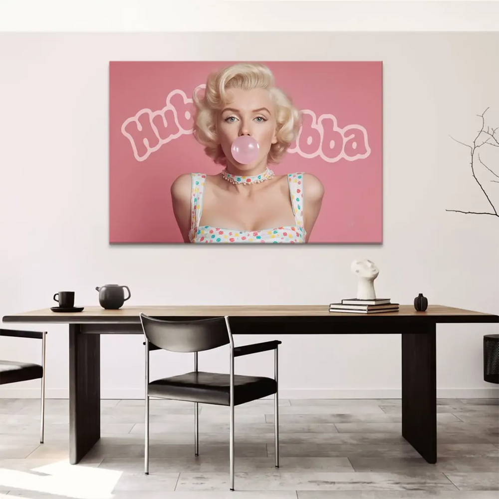 Blonde portrait inspired by Marilyn Monroe with bubble gum bubble and Hubba Bubba text