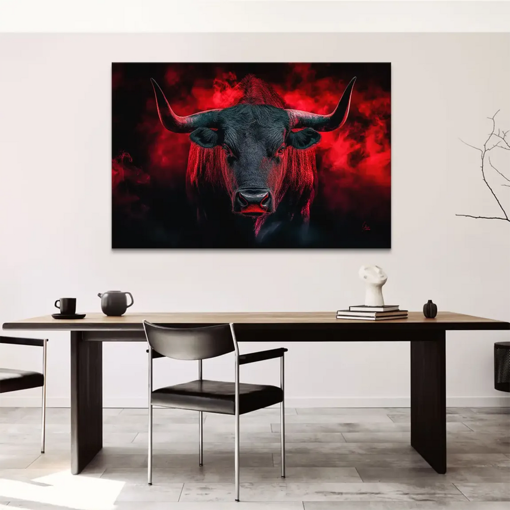 Contemporary bull canvas print featuring bold black and red tones.