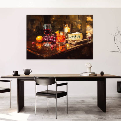 Close-up of wine and fruit on a reflective table in a warm impressionist painting.