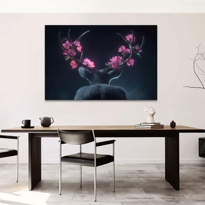 Canvas art of blossom deer featuring luminous magenta blossoms on dark fur